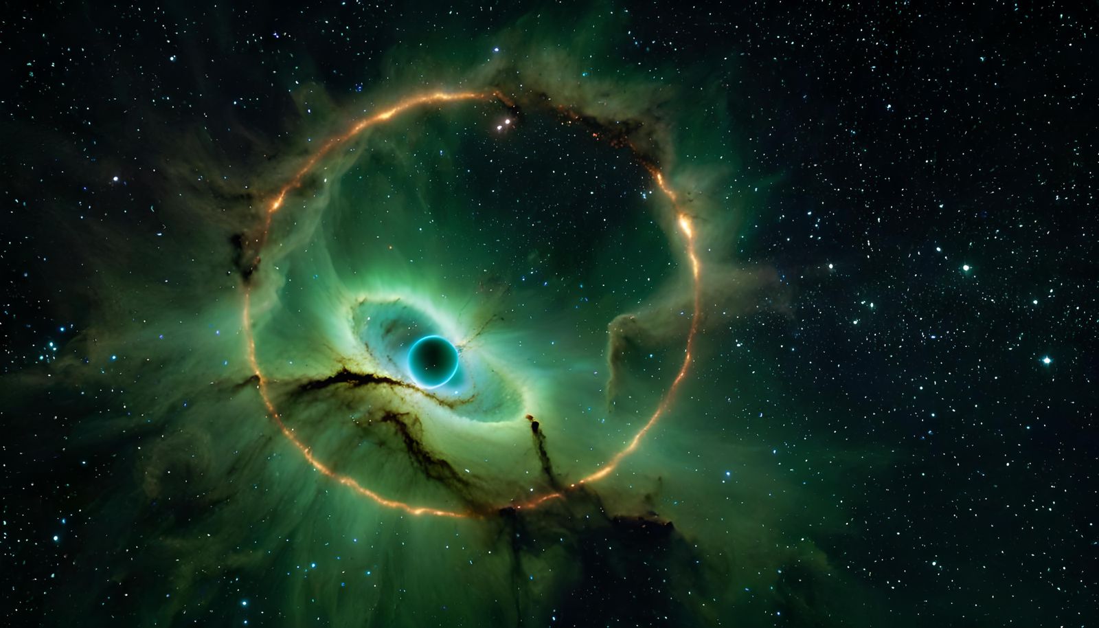 The immense, matte black circular mass of a black hole, and ...