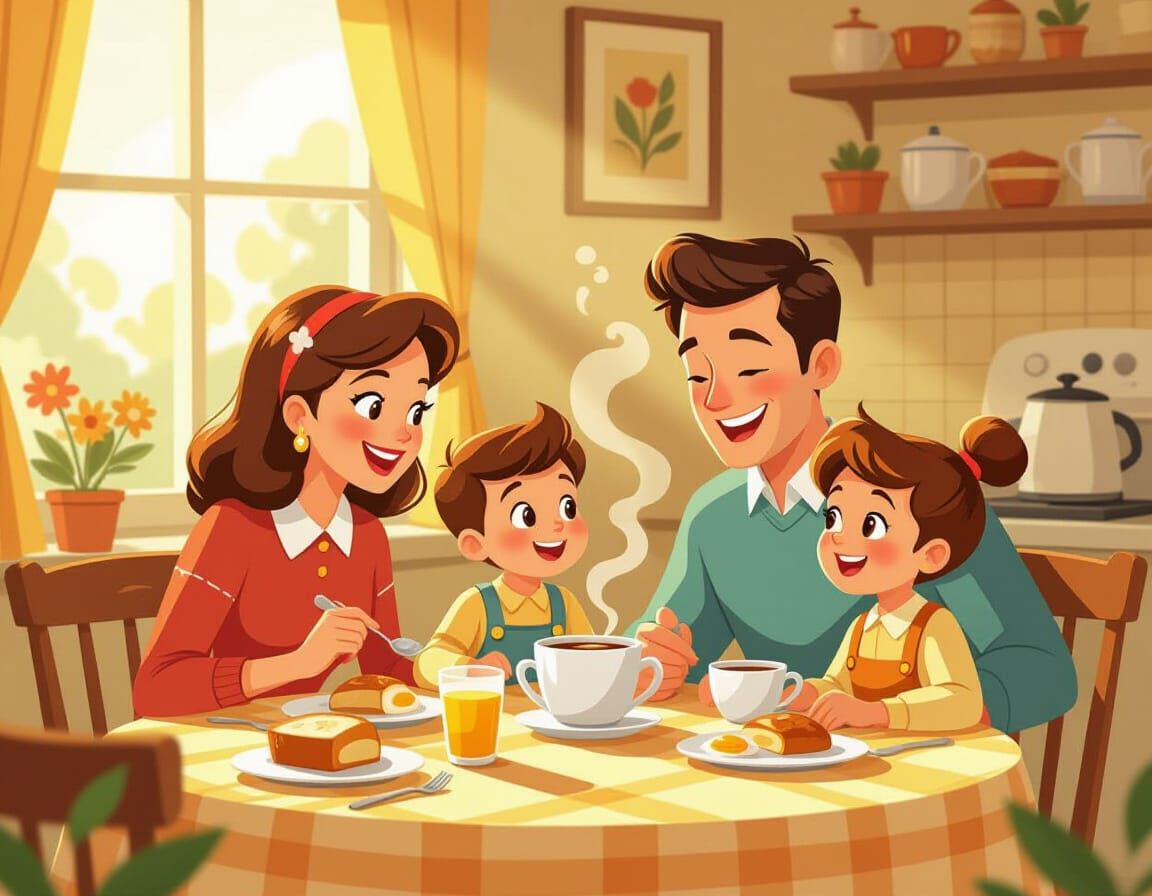 A cozy breakfast scene with the family. Playful vintage cartoon. Lovely Retro Illustration. Nostalgic.