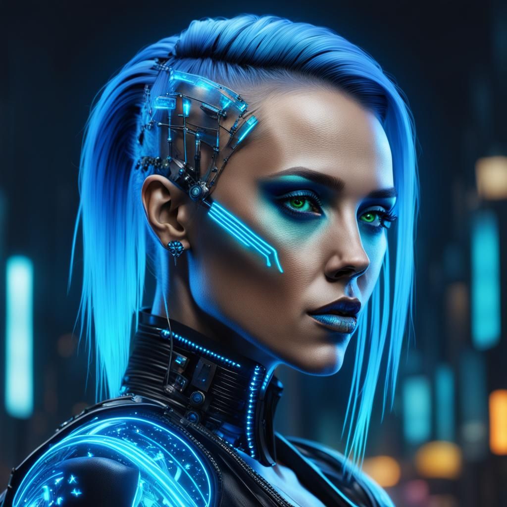 Jessica Alba as 1980s cyber goth hybrid, electron blue and c...