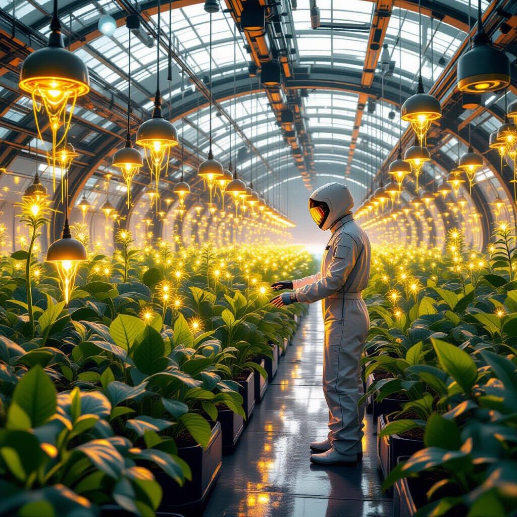 A vibrant Martian greenhouse filled with glowing, genetically engineered flora that emit soft, pulsating ...  by @Hani1