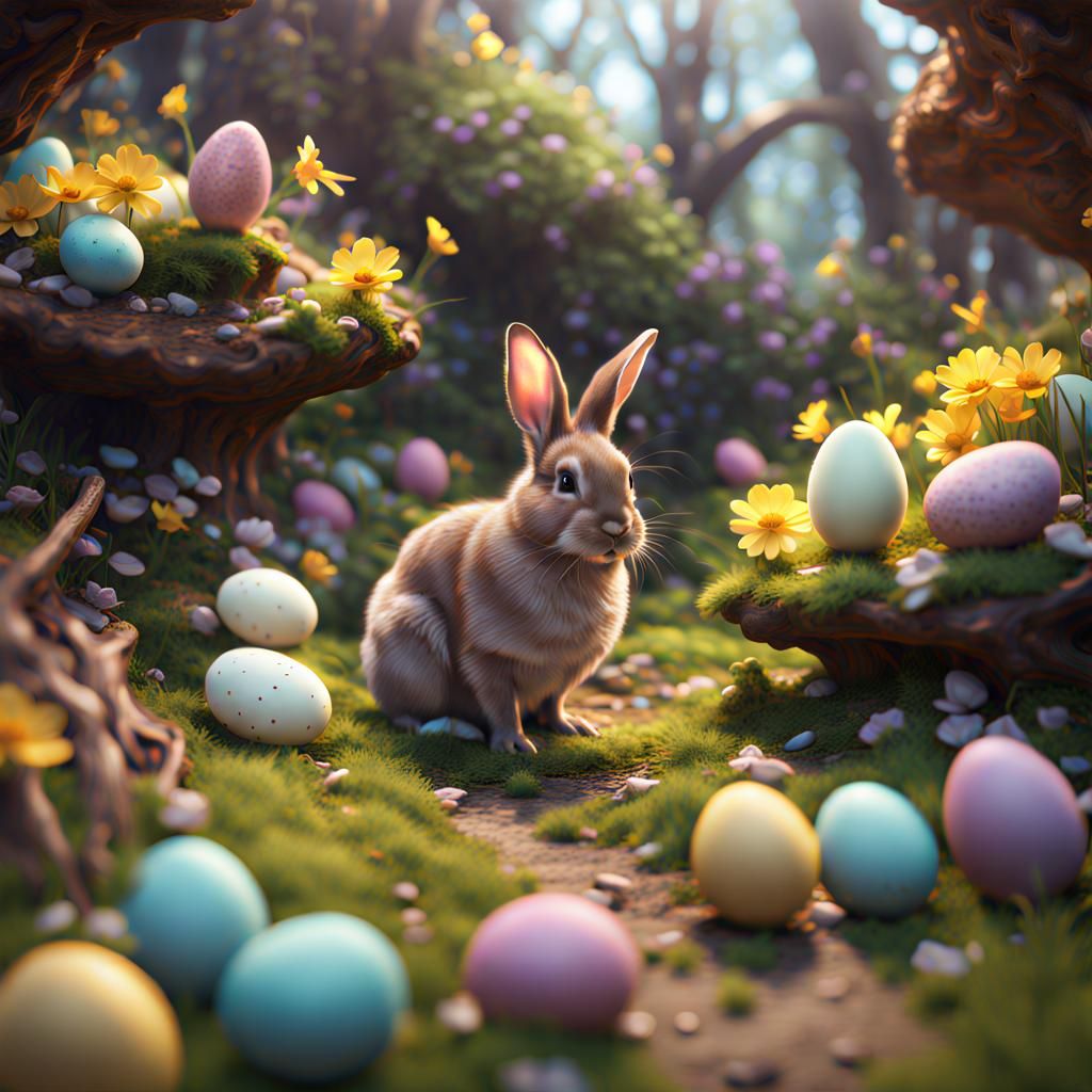 bunnies chicks and eggs  spring scene detailed matte paintin...