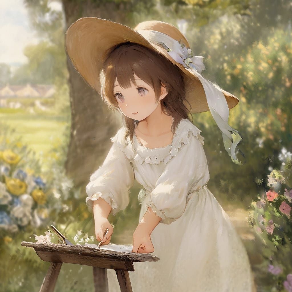 Impressionist Woman Painter in Lush Garden