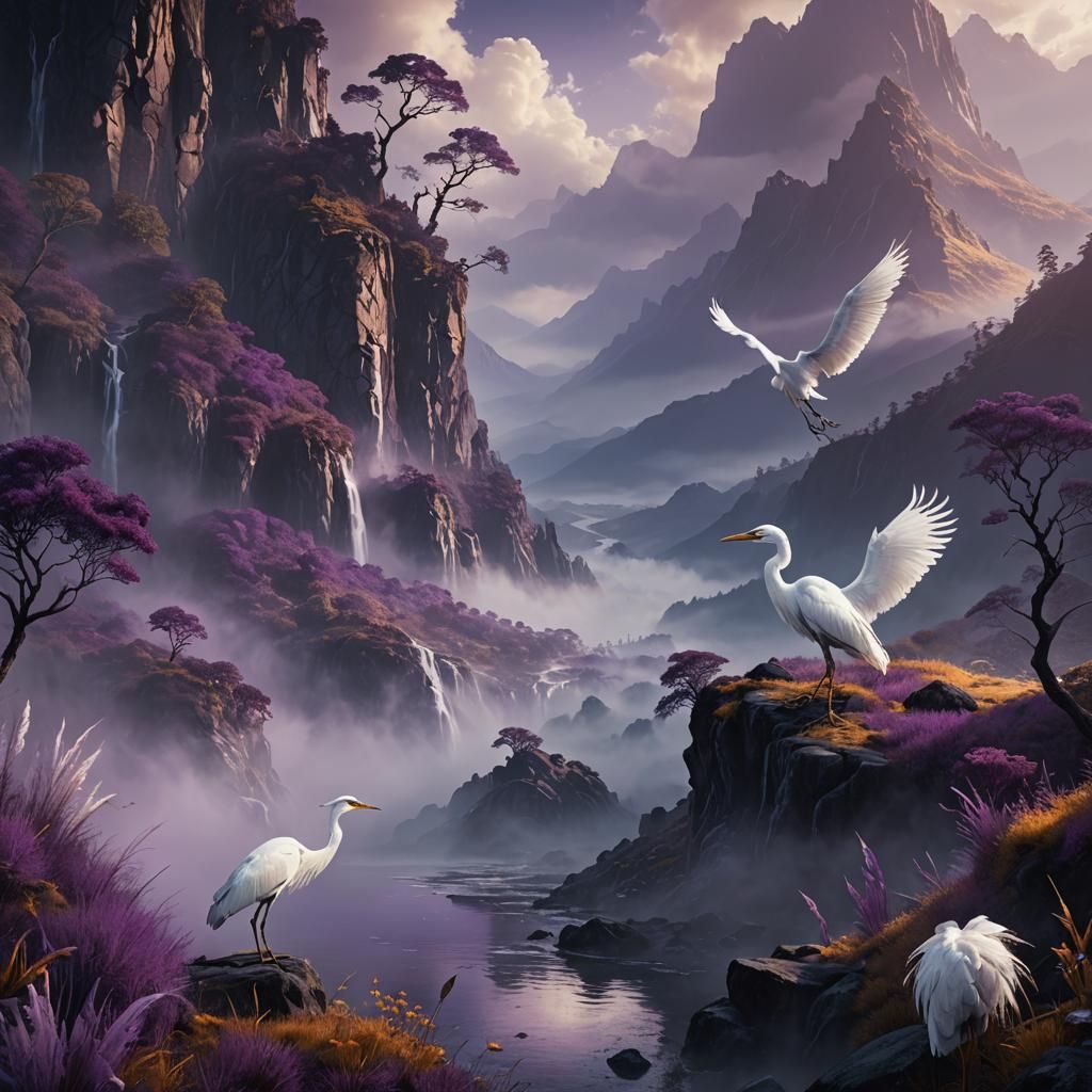 Purple Mist Spreads in Fantasy Mountain Landscape