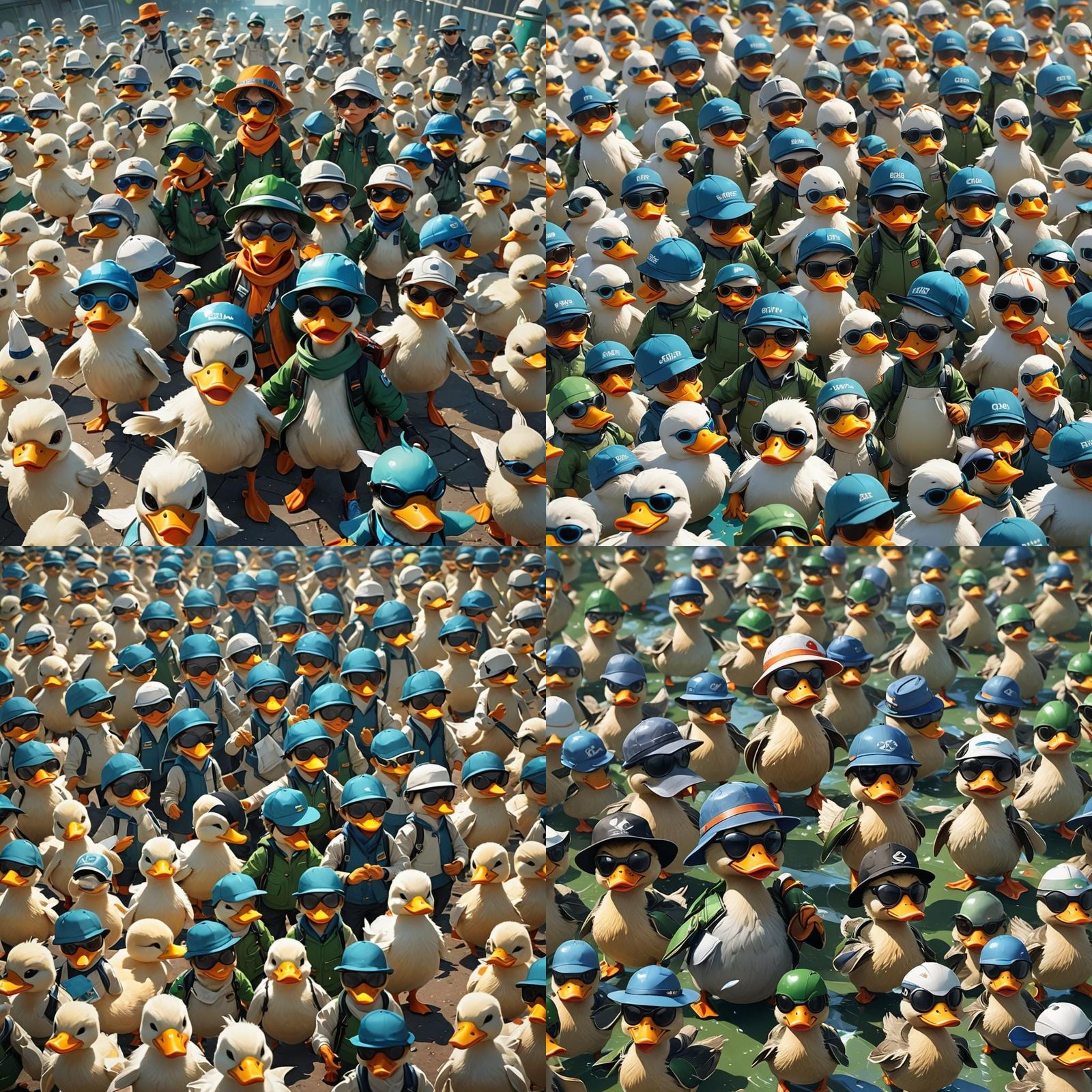 100 dancing ducks 25% green 25% blue 25% orange and 25% blac...