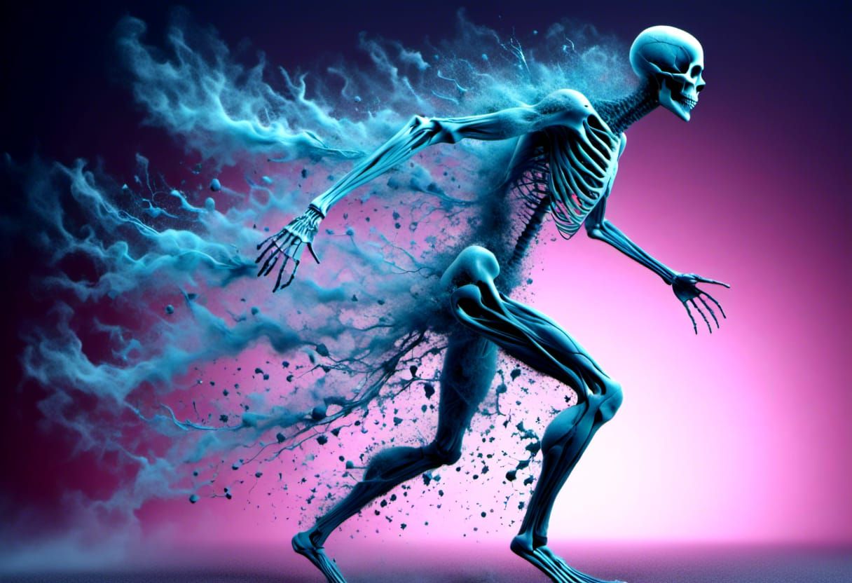 <lora:Cubist-Dust:1.0> <lora:Darkest:1.0> <lora:Dem Bones:1.0>  Motion blur action side profile shot of skeletal Ghost walking away,
Astrodi...