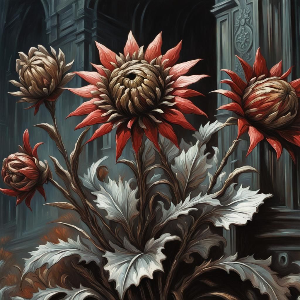 close up of a Metal Flowers from the future ,8k horror Gusta...
