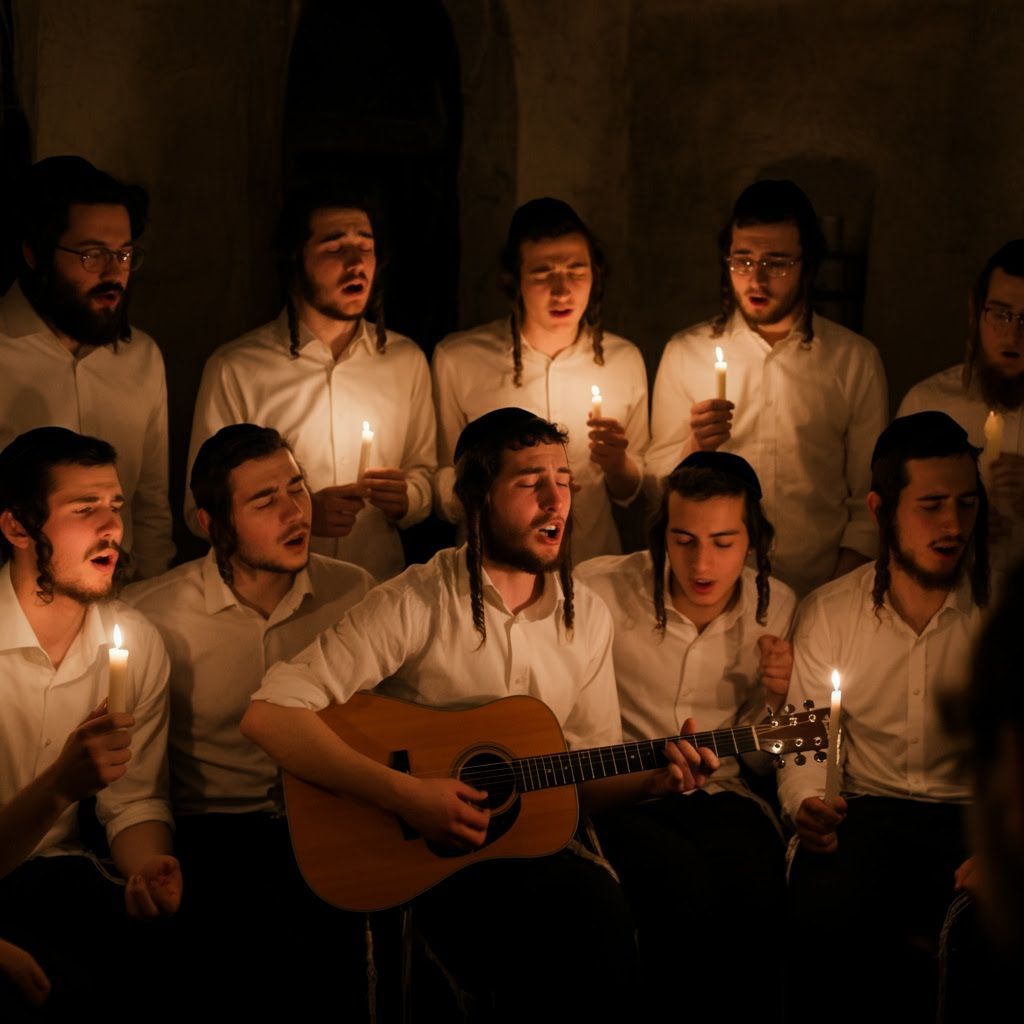 Passionate Yeshiva Students Singing with Guitar