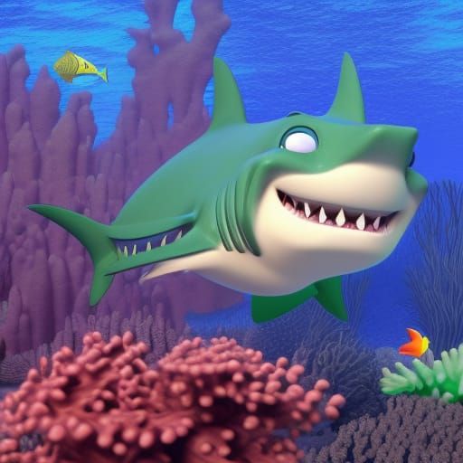 shark under the sea fish seaweed coral bubbles
