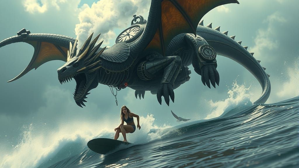 Add a massive, floating, clockwork, Steampunk  dragon overhead, spewing neon mist, hyperrealistic, hyper-detailed, octane rendering, photore...