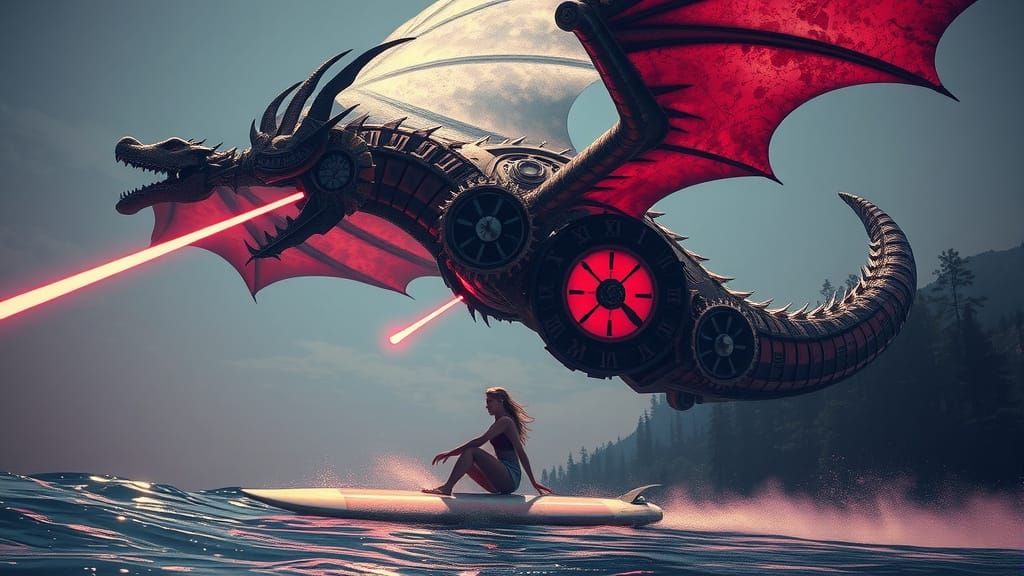 Add a massive, floating, clockwork, Steampunk  dragon overhead, spewing neon mist, hyperrealistic, hyper-detailed, octane rendering, photore...