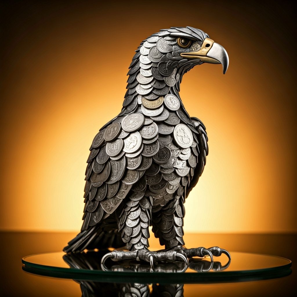 A majestic eagle statue meticulously crafted from gleaming silver coins  by @EHACKMANN 