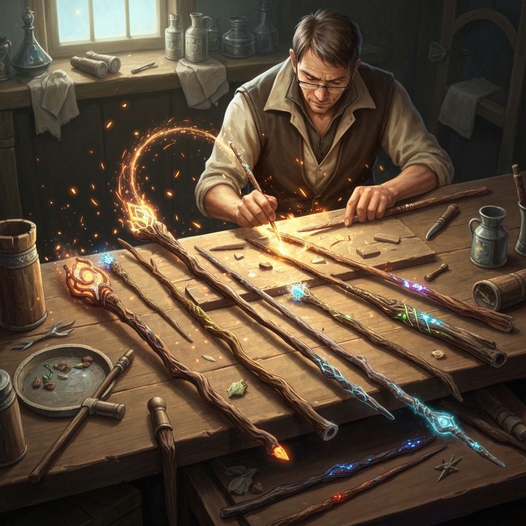 A magic wandmaker using spells at his workbench to create various magic casting wands of various woods and different shaped wands with glowi...