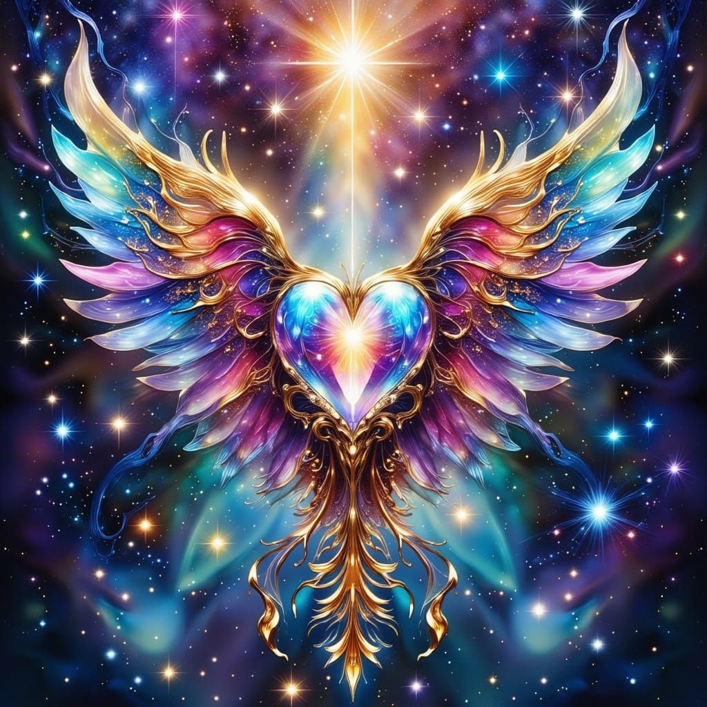  Crystal Prism Heart with wings, swirls in silver, pink, and blue background   by @Solfreedom