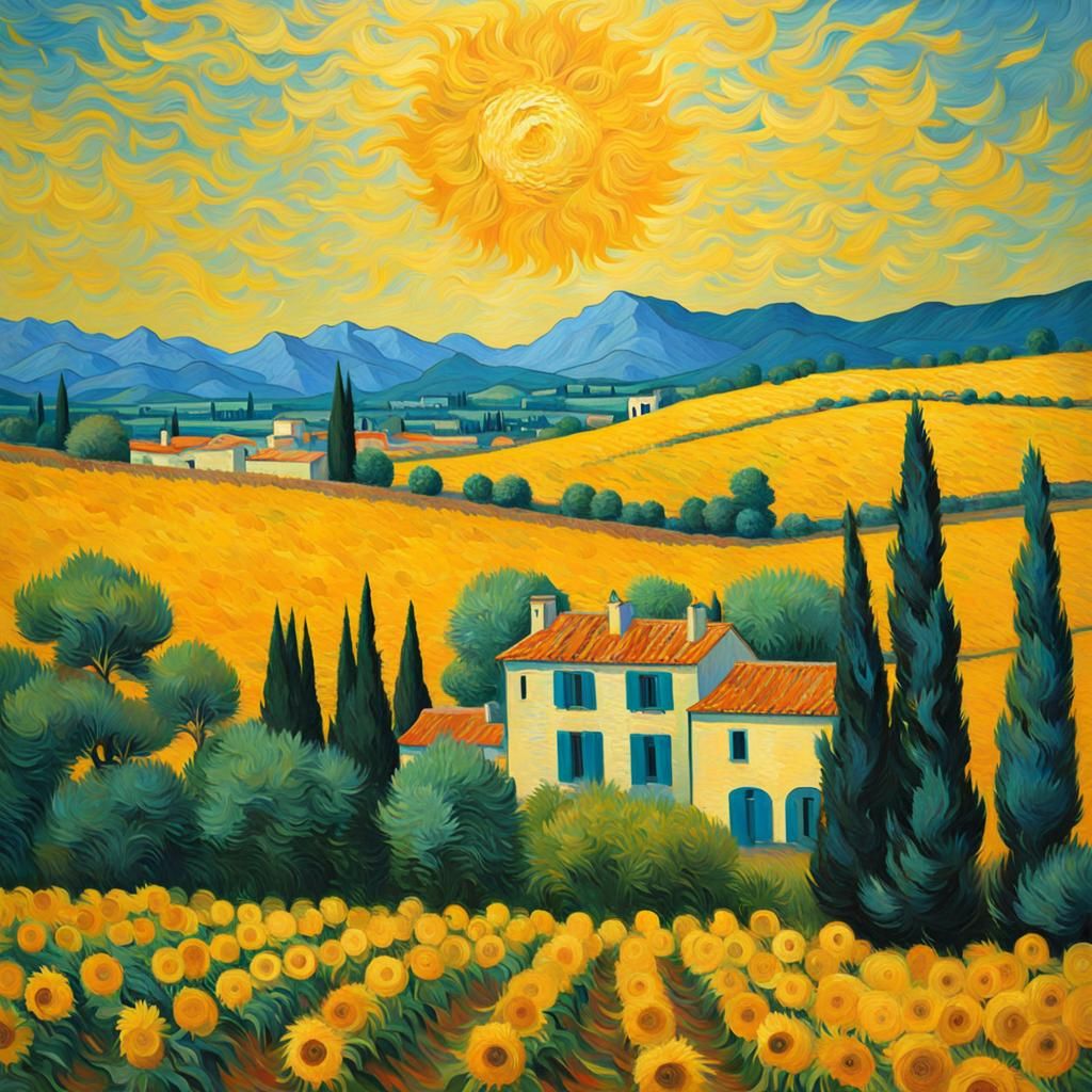 Château français et champ de tournesols en Provence