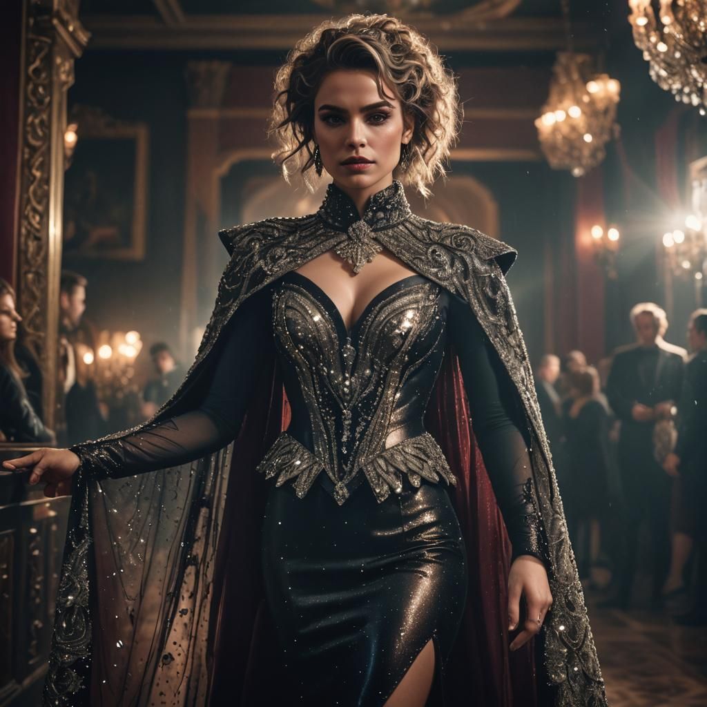 She wears a long sleeved v neckline dress, with an encrusted...