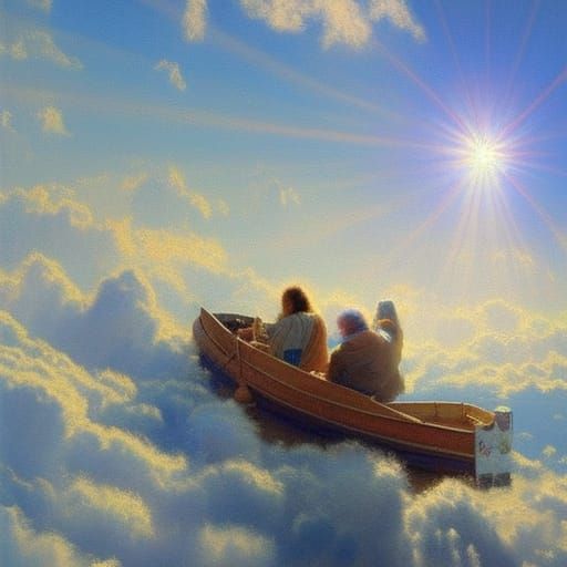 boat full of Christians riding up into the clouds of heaven ...
