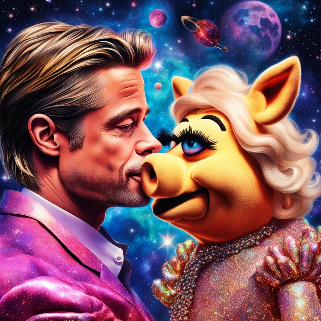 “Brad Pitt” kissing “miss piggy”