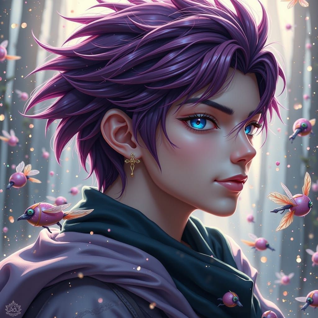 a handsome cultivator with purple hair and bi-color eyes <lora:FanTastical Fae:1.0>