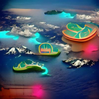 neon caribbean islands floating in an art deco ocean