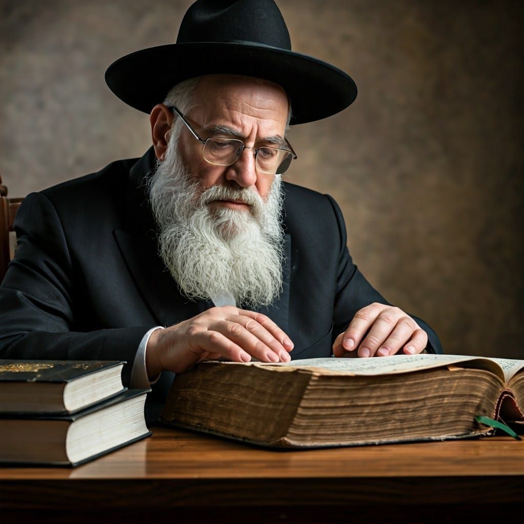 Elderly Haredi Rabbi in Intense Study of Ancient Talmud