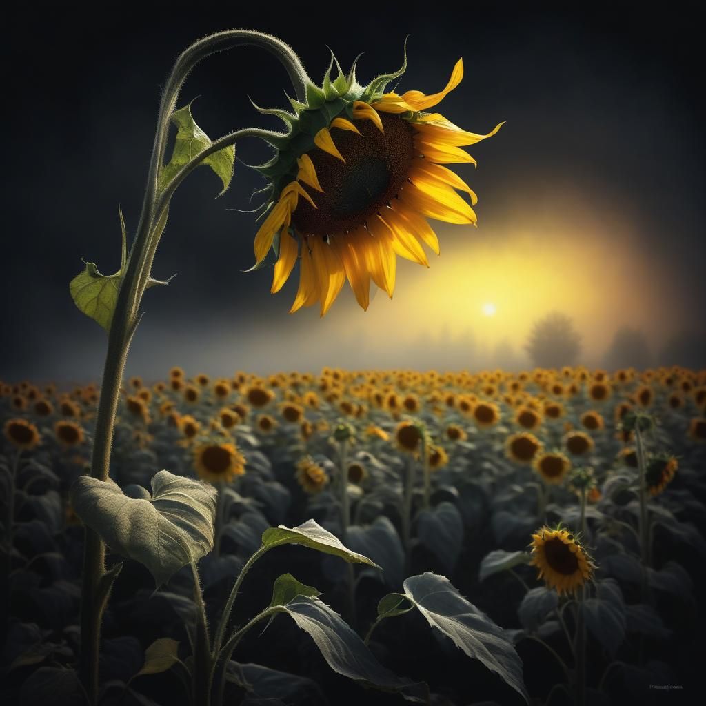 Drooping in the foreground is a longstemmed, dead sunflower. Peeking out from behind the foggy