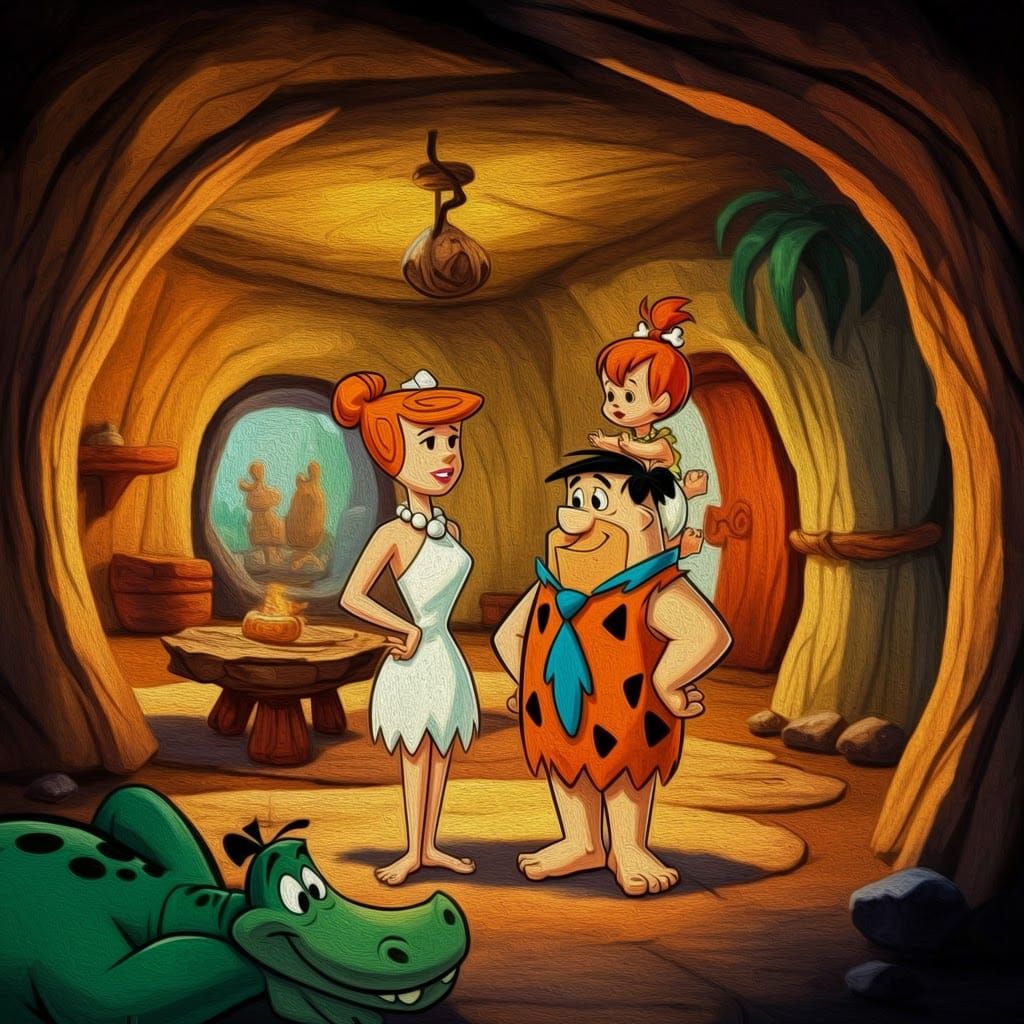 The Flintstones in a Movie Scene, in their Cave stone Appartement featuring Dino, Wilma, Fred, Pebbles ...  by @Pastaqueen