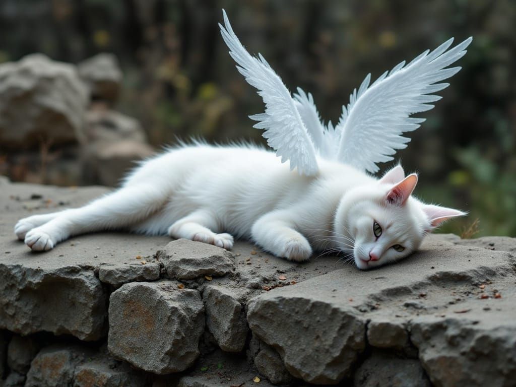 Deceased Cat with Angel Wings on Stone Wall
