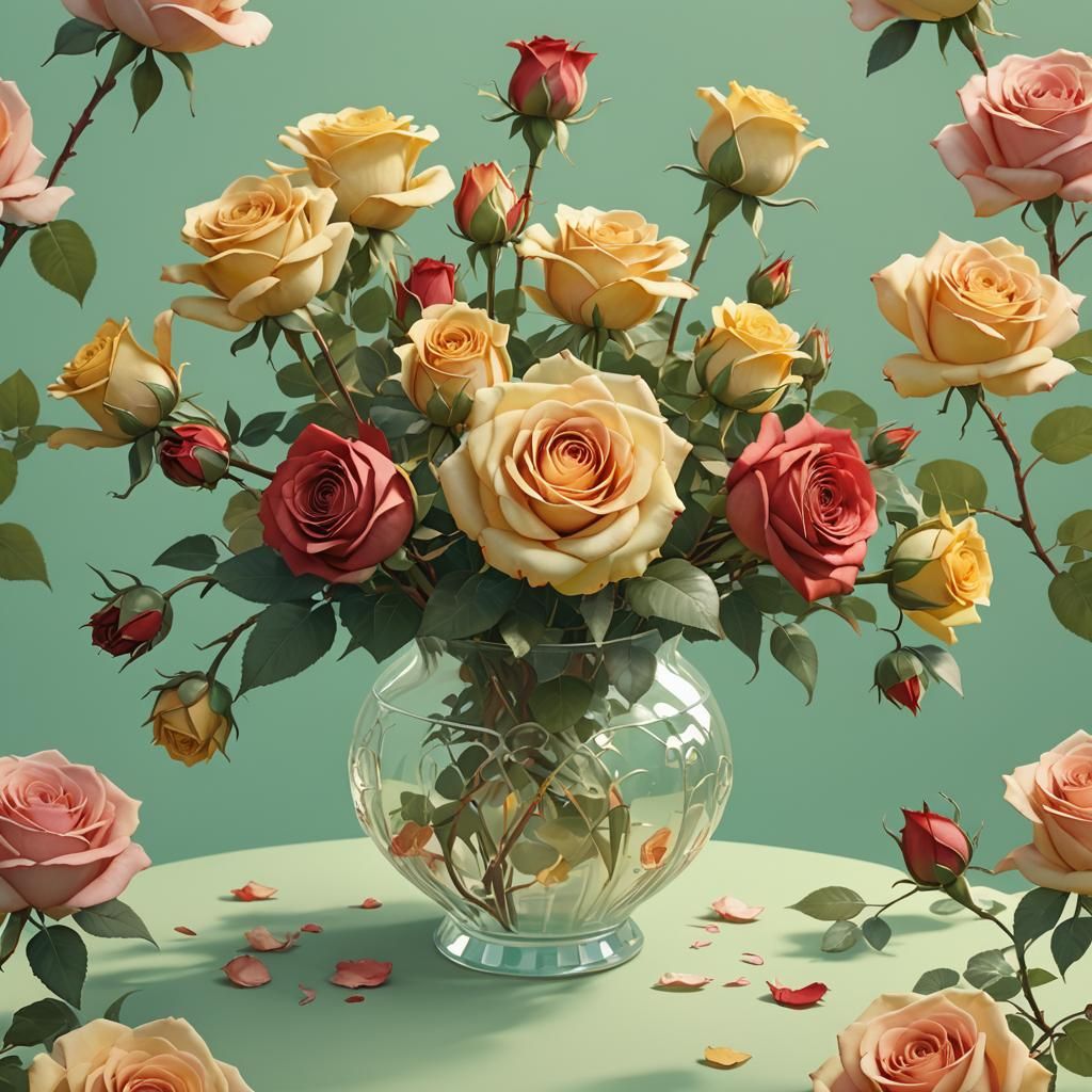 Red and yellow roses in a vase. Pastel green background. Rea...