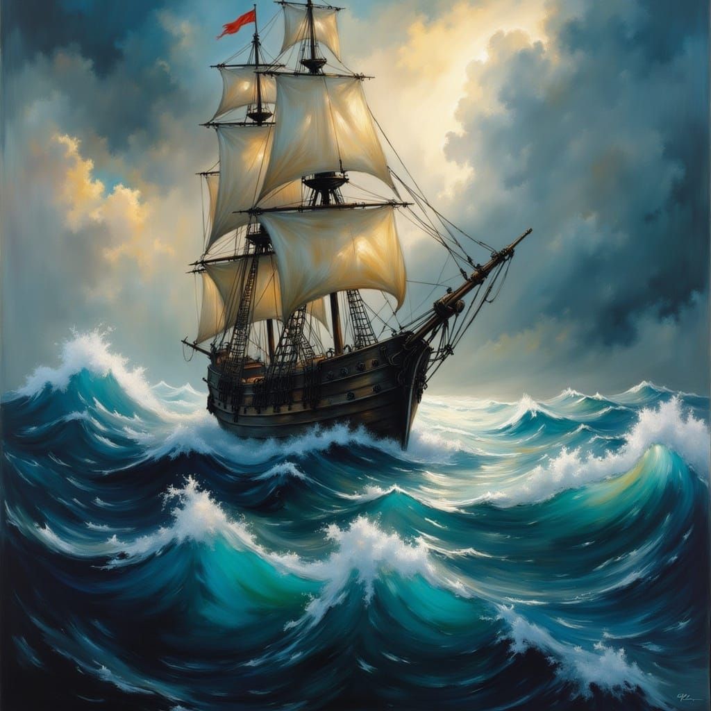 A wind swept ocean luminous waves, pirate ship, <lora:Haunting Portraits:1.0> 