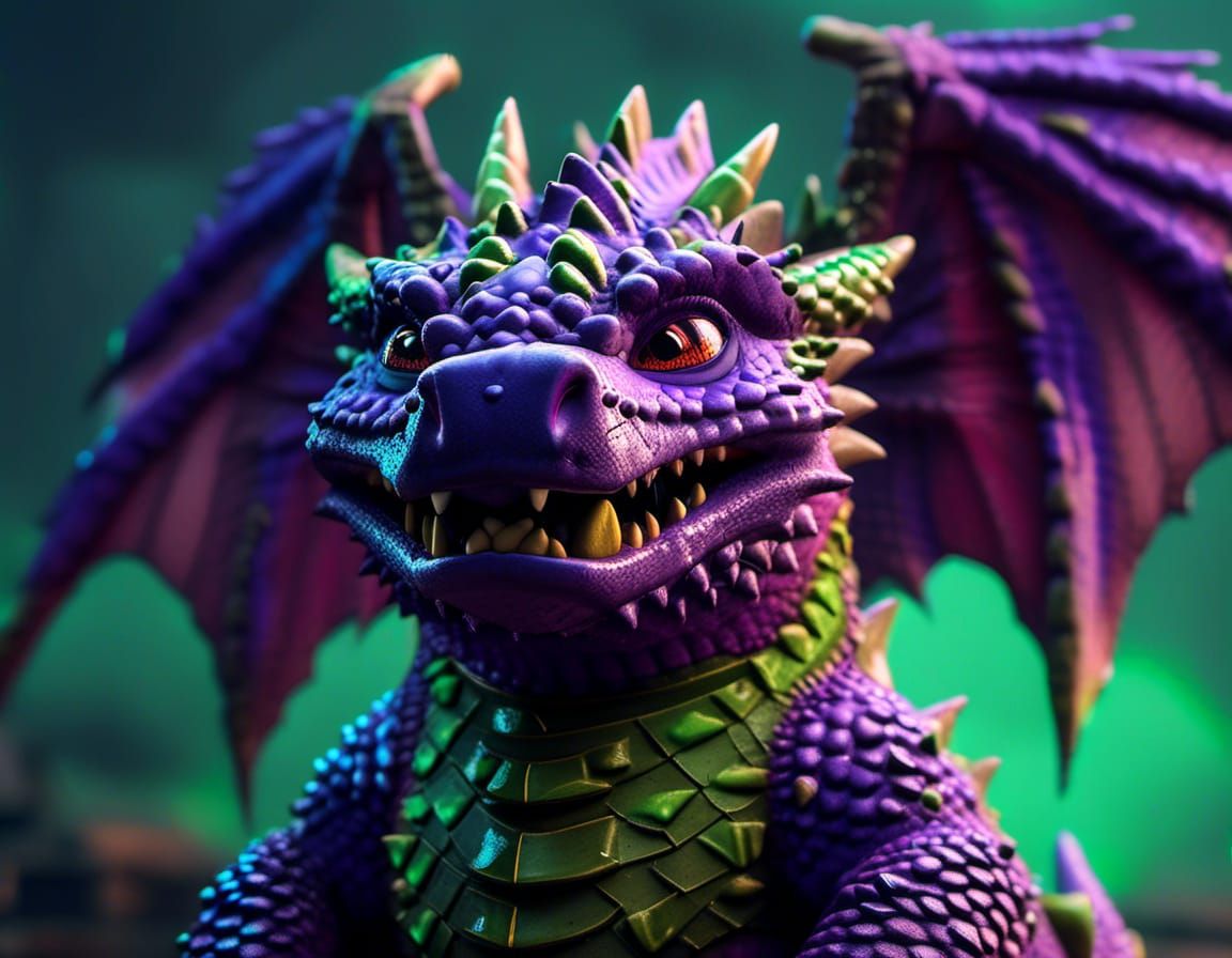 "cute adorable spiny purple and green Serious Obese Dragon, portrait epic cinematography shot on Nikon D780, dark scales, color grading, atm...