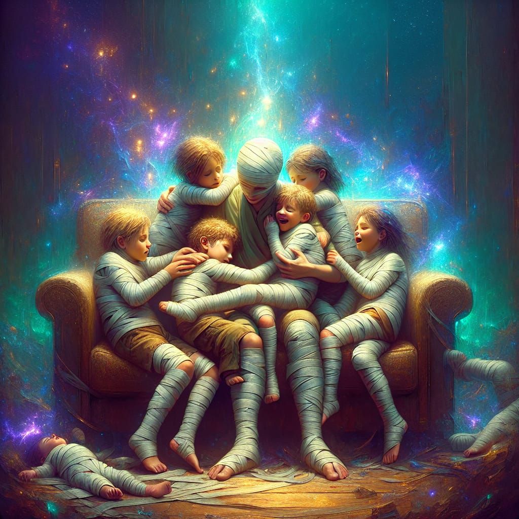 There are 5 wounded inner parts children huddled together si...