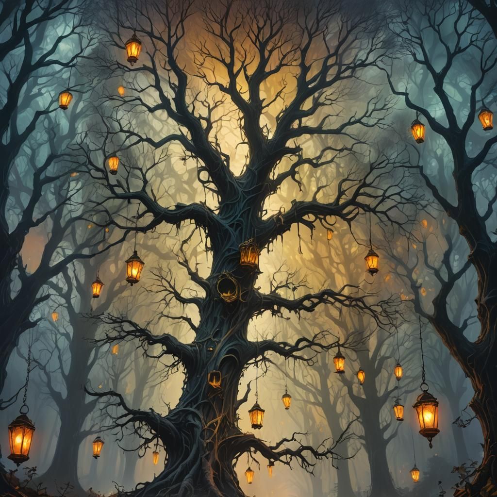 Mystical Hanging Tree in Gothic Fantasy Landscape