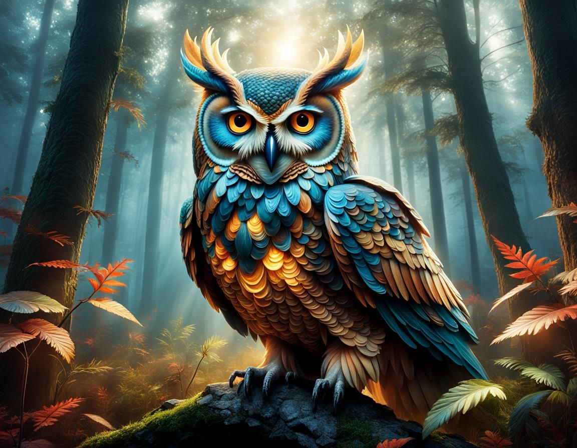 Ancient owl god in the forest. Folk art. | Mist | sparkles |...