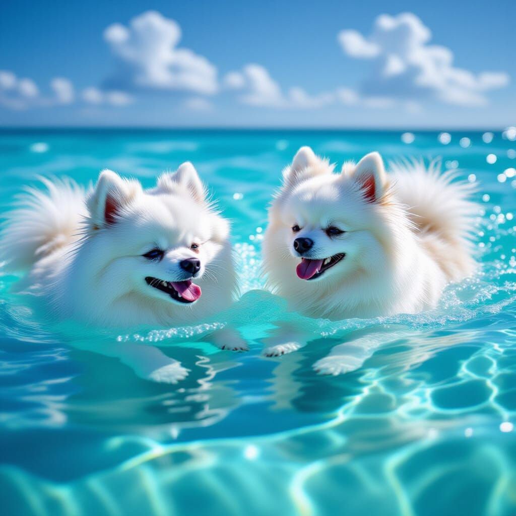 White Pomeranians Playing in Turquoise Water, Hyperrealistic