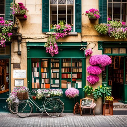 an old bookstore, surrounded by flowers