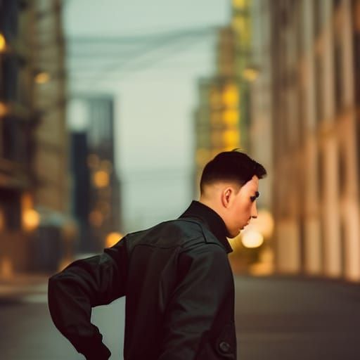 He has a short high and tight hair cut. His clothes are a bl...