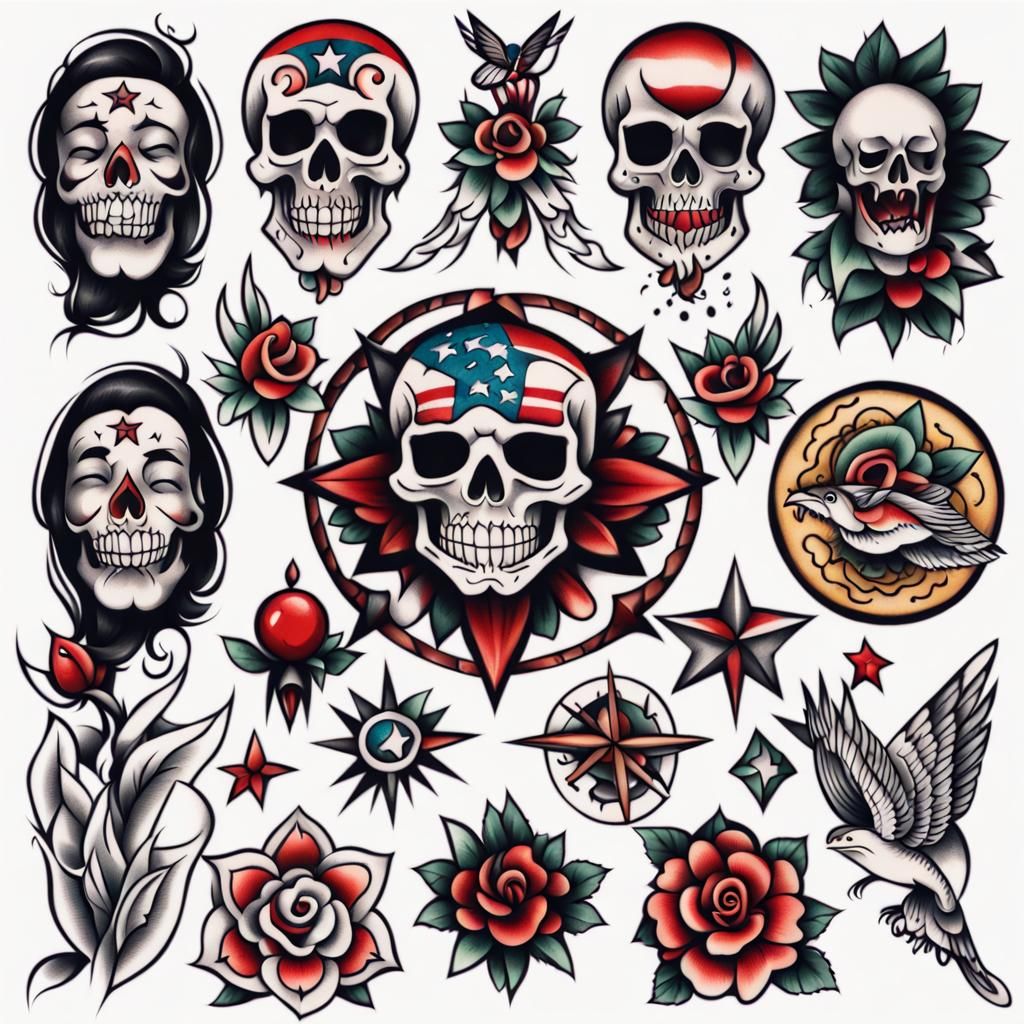 a American traditional style tattoo design flash sheet with ...