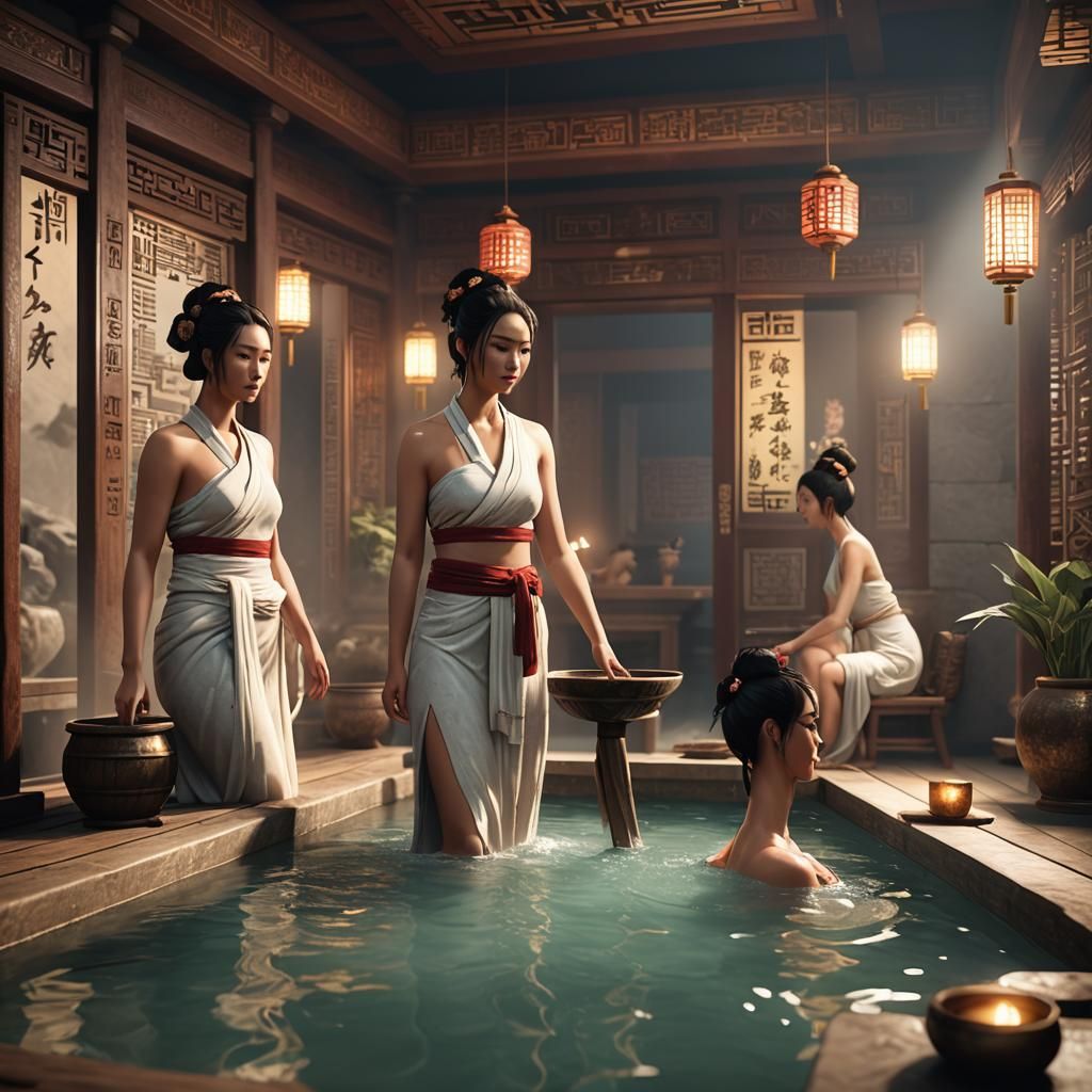 Bathing women in a Chinese bathhouse, classic look, 500 BC