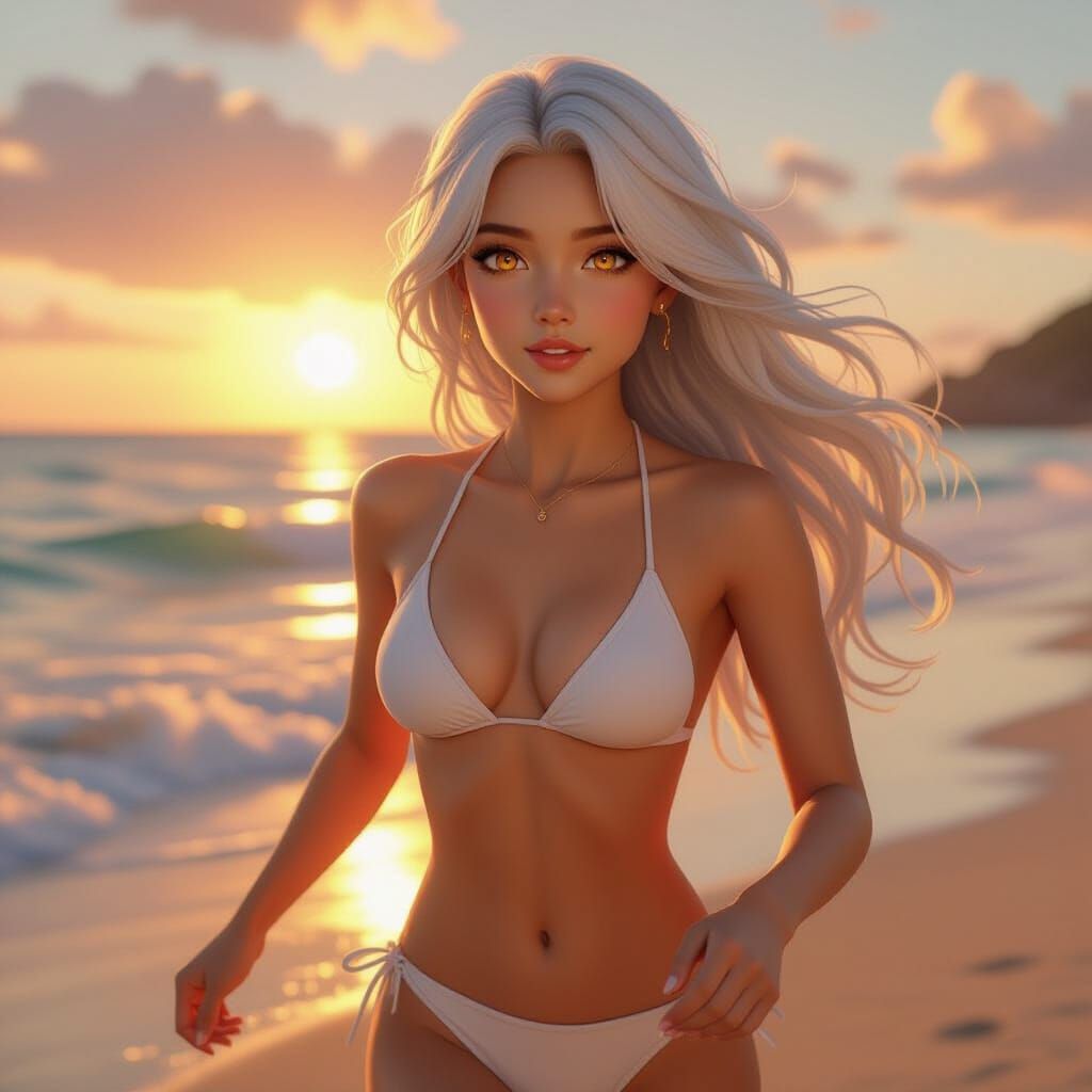 A breathtakingly beautiful young woman with warm amber eyes, radiant olive skin, and long, flowing white hair with subtl...