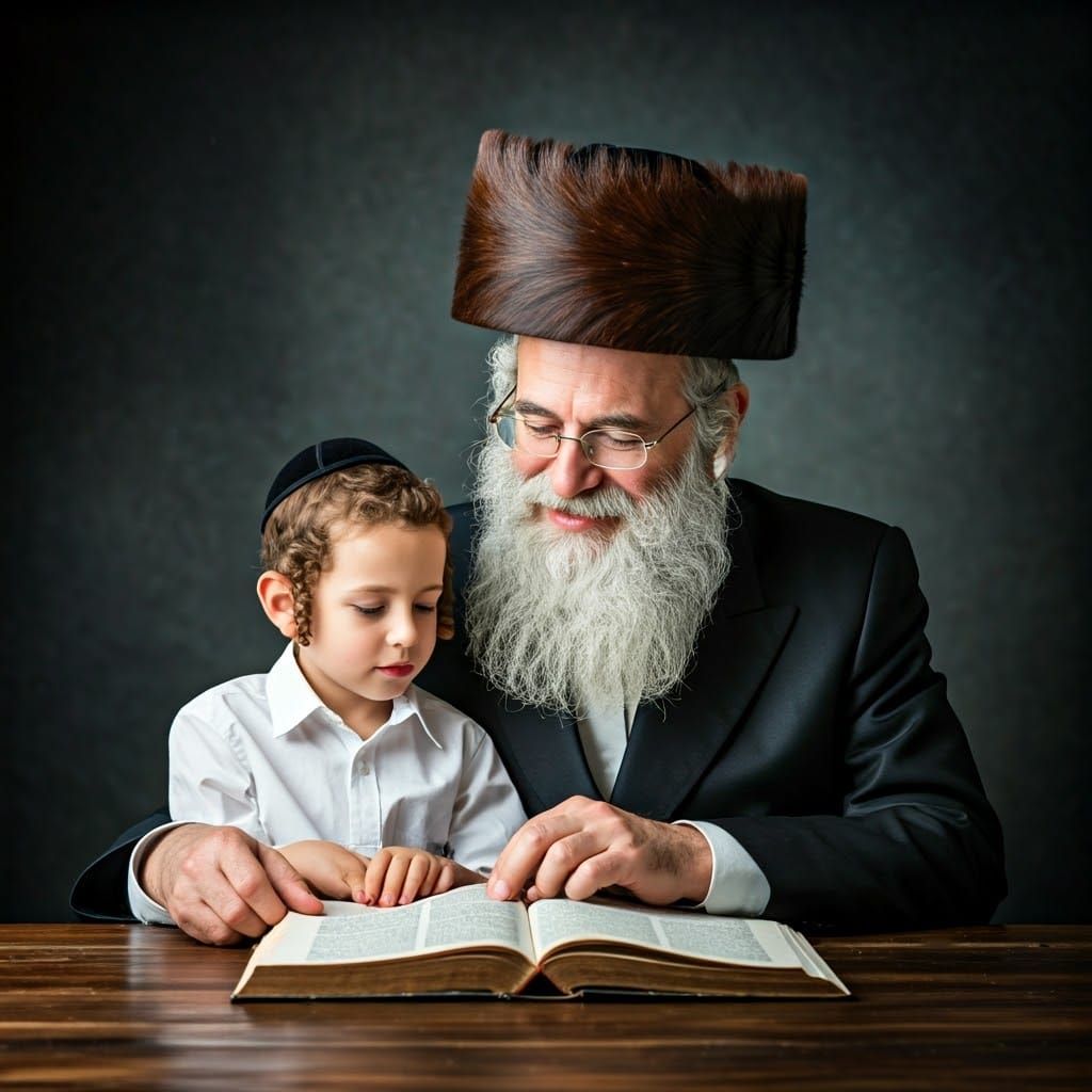 Hasidic Father and Son Studying Holy Book