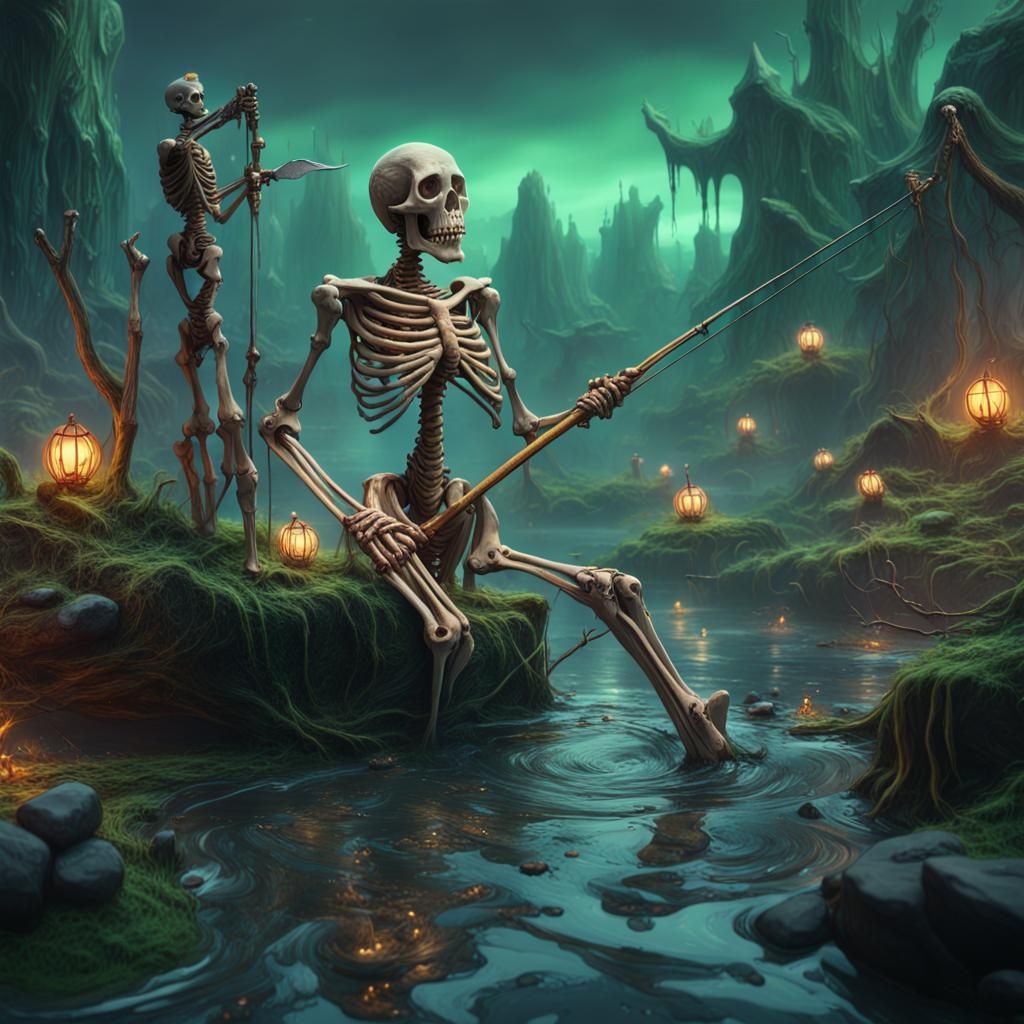 Skeletons fishing at a river of slime - AI Generated Artwork ...