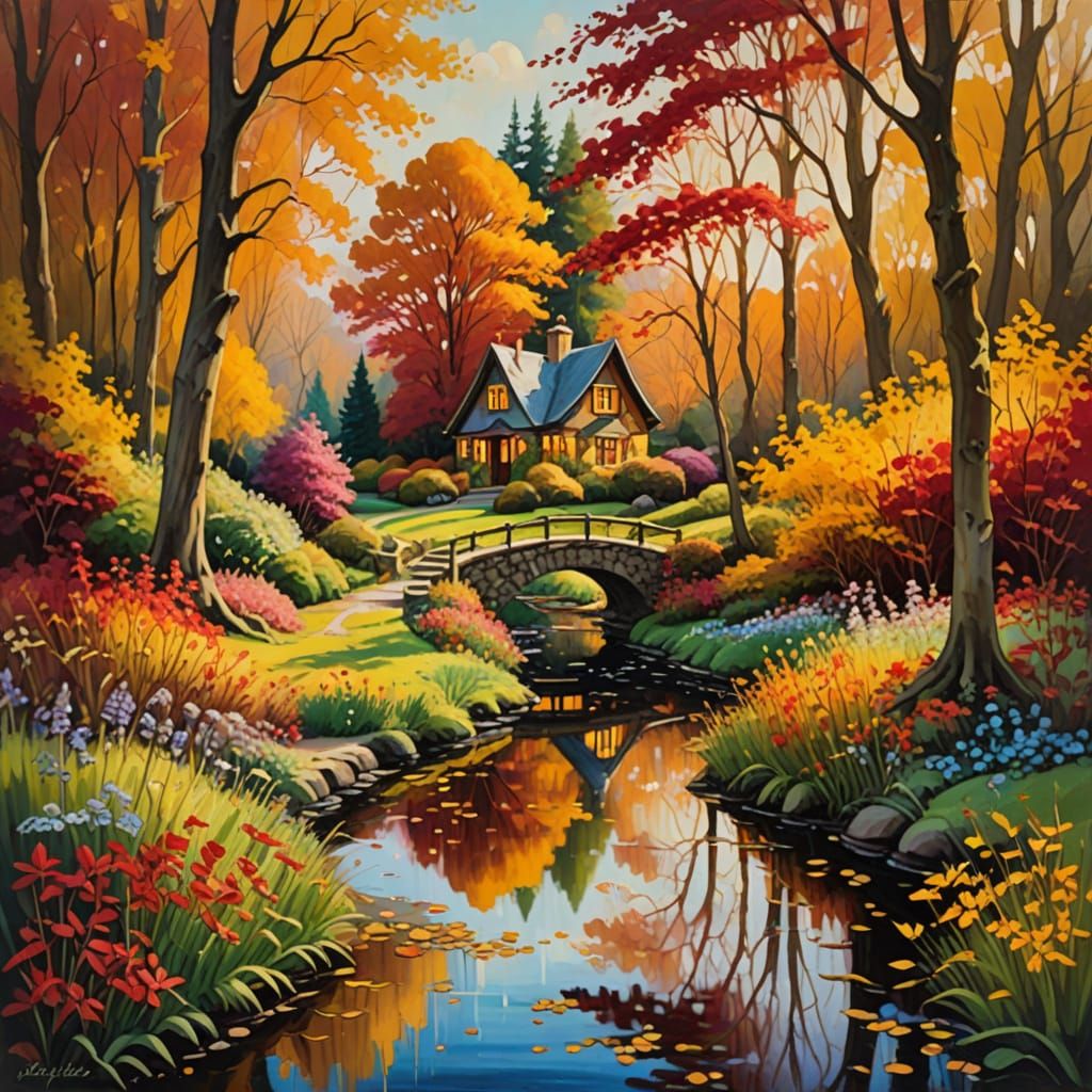 "An impressionistic oil painting of a secret garden in late autumn, reminiscent of a fairy tale. Sunlight streams through a canopy of golden...