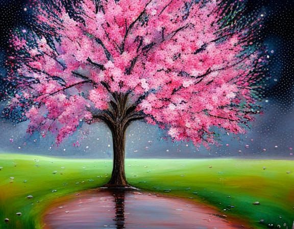 Painting of a cherry blossom tree with petals falling and covering the ...