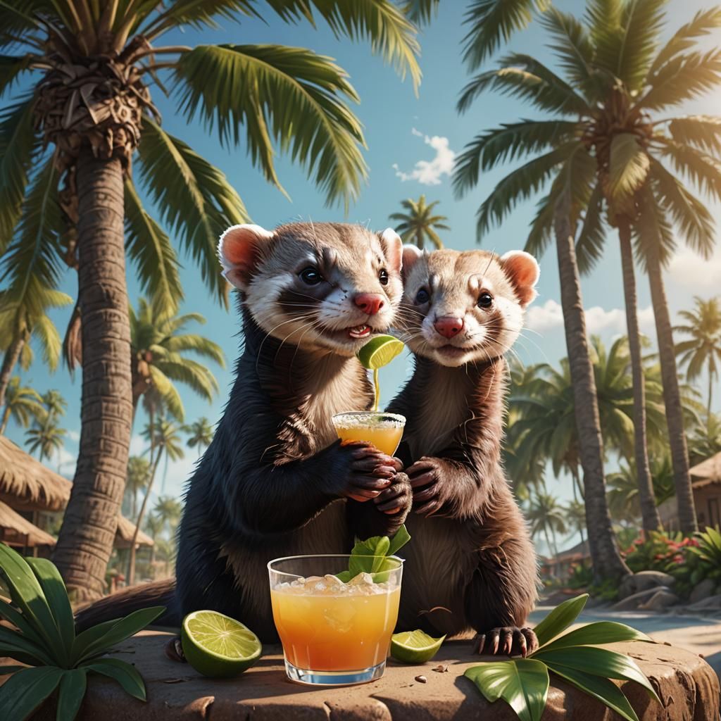 a ferret drinking under a palm tree away from the sun