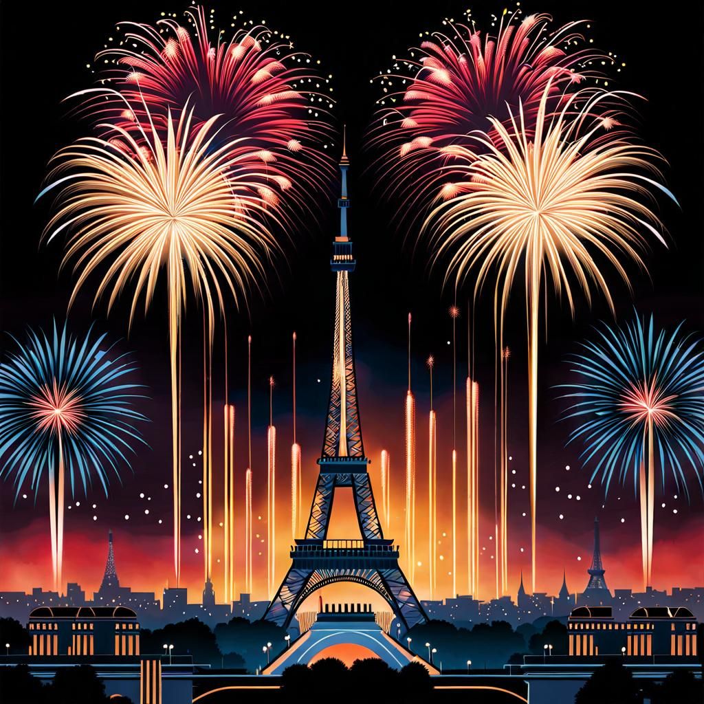 An Art Deco portrait of the Eiffel Tower with fireworks during New Year ...