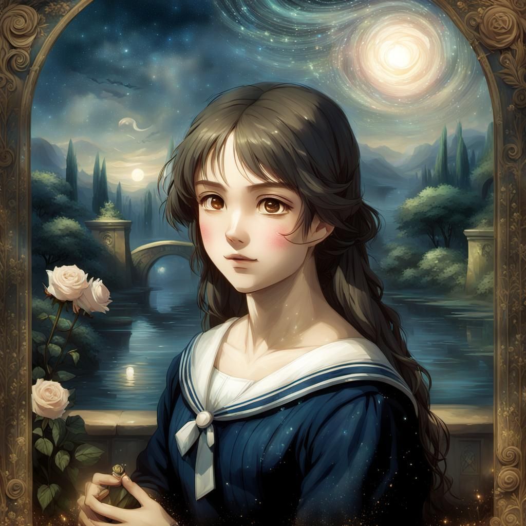 Anime Girl with Glowing Orb in Romantic Garden