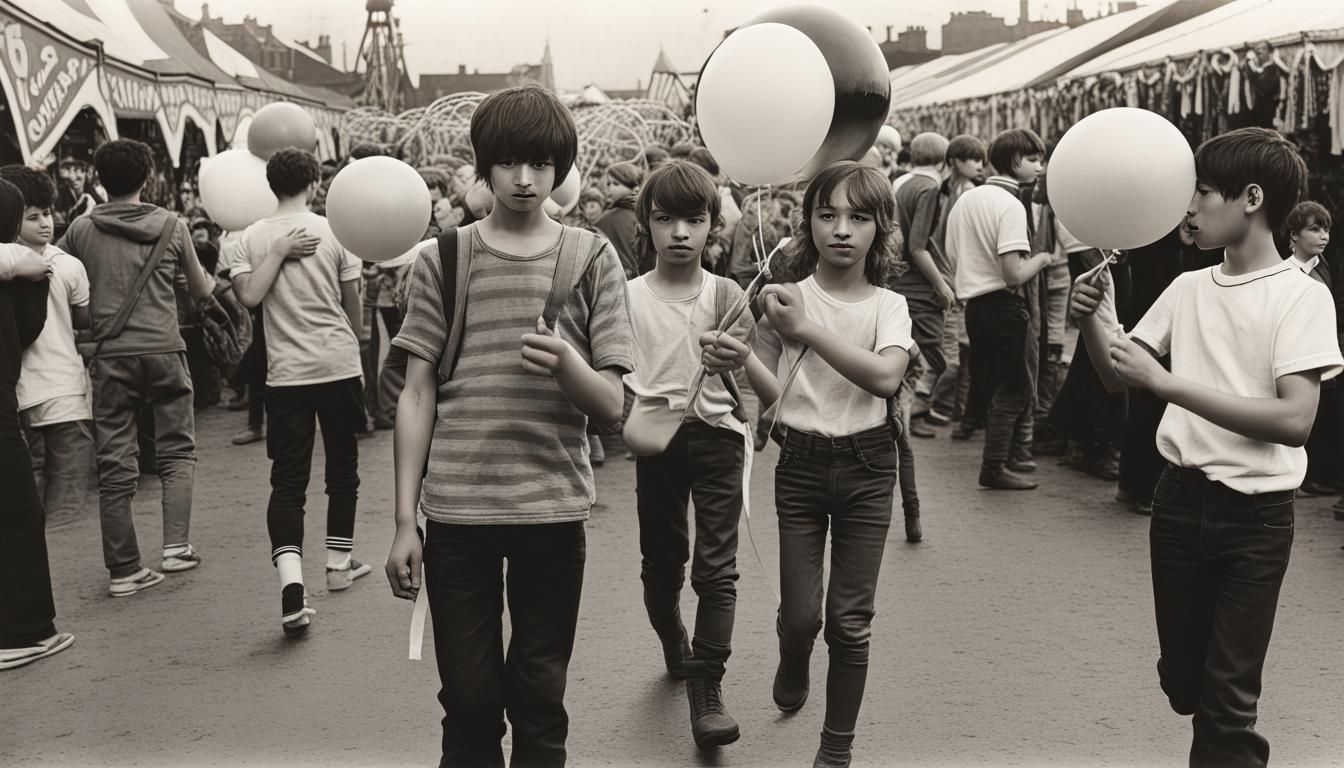 youths at the fairground, ((carrying balloon animals))