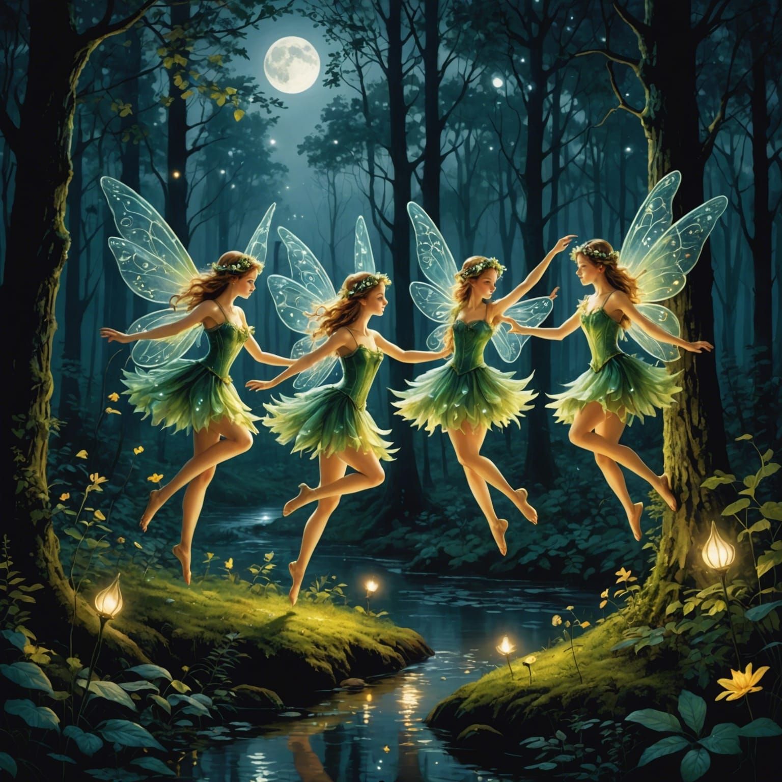 fairies dance in the forest in the moonlight  by @kk