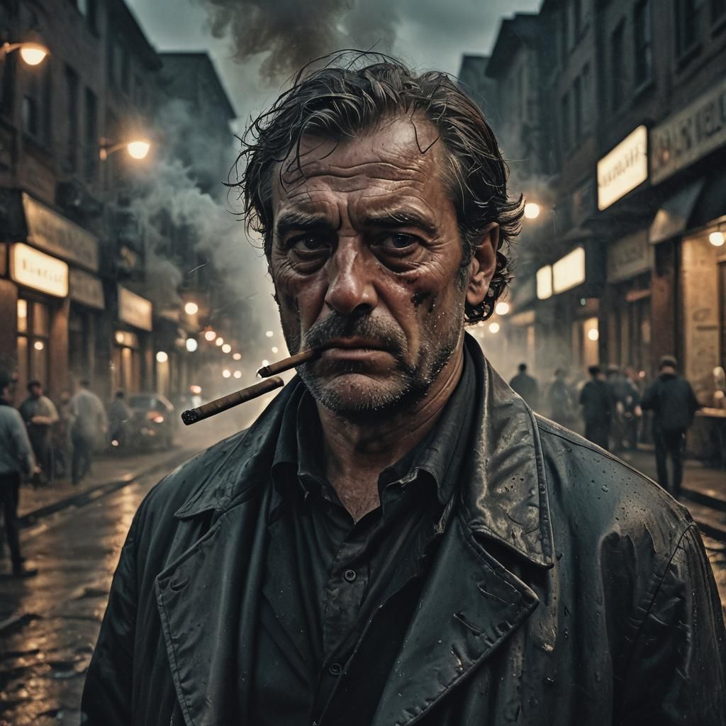 Intense Cigar Smoker in Dark Cityscape