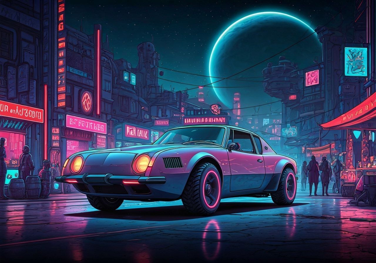 A vintage Studebaker Avanti, modified with glowing neon accents and anti-gravity suspension, drifts effortlessly ...  by @ThunderSky